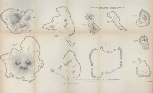 Chartlets showing various stages of atoll development accompanying Charles Darwin's 1874 edition of 