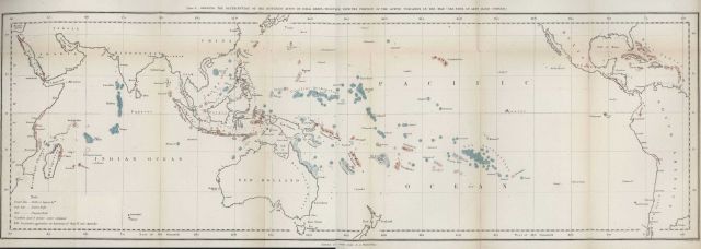 Darwin's world map of coral reef types and their distribution. Picture