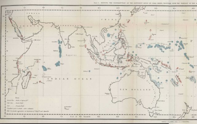 Western half of Darwin's coral reef types and their distribution. Picture