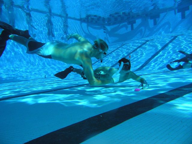 Underwater Hockey is a training routine for NMFS-PIFSC Debris Divers to build teamwork and breathe hold capability. Picture