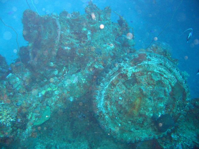 Remains of truck and engine block on the Nippo Maru. Picture