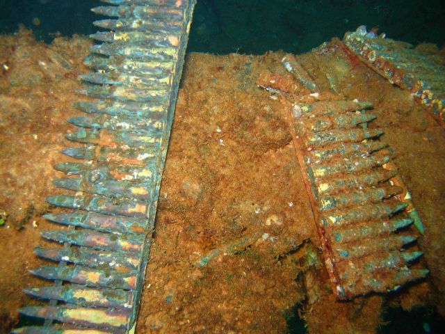 Anti-aircraft machine gun ammunition on the Sankisan Maru. Picture
