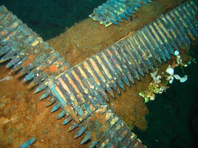 Anti-aircraft machine gun ammunition on the Sankisan Maru. Picture