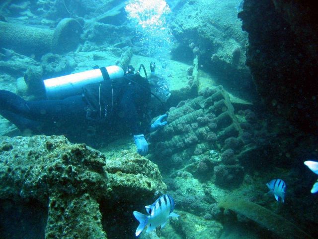 Diver inspecting modern ship wreck on Pearl and Hermes Reef. Picture
