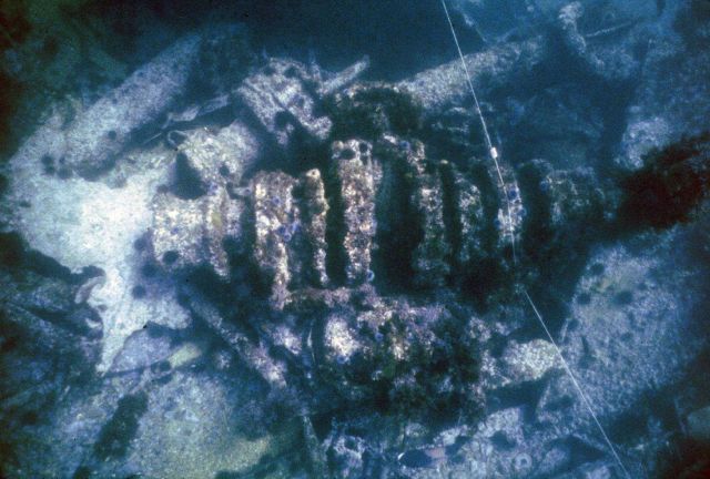 Windlass capstan and hawsepipe lay in disarray in the remains of the SS CUBA. Picture