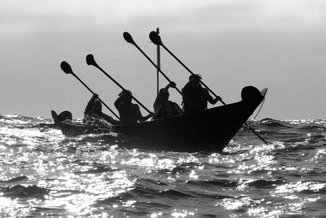 Chumash Tomol 'Elye'wun paddlers crossing at Santa Cruz Island. Picture