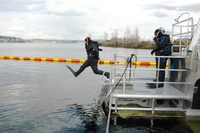 National Marine Sanctuary Director Dan Basta takes the first leap from the diving platform of the R/V MANTA in Lake Washington Picture