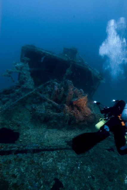 A diver on the bow of the NORTHERN LIGHT, a shipwreck in 190 feet water depth Picture