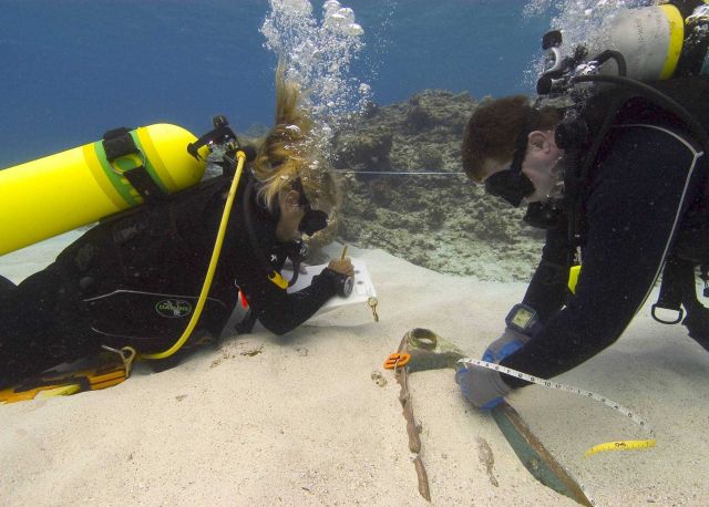 Tane Casserly and Kelly Gleason mapping the remains of a shipwreck. Picture