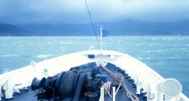 NOAA Ship FAIRWEATHER tied up during Hurricane Iniki. Picture