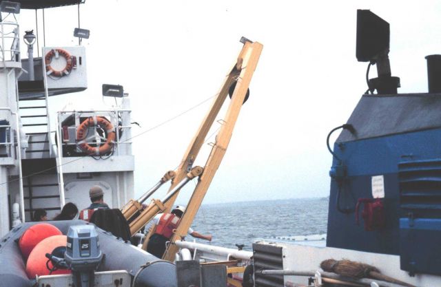 Readying the A-frame for oceanographic operations on the NOAA Ship FERREL during a status and trends cruise in Charleston Harbor. Picture