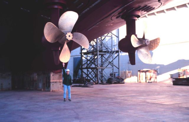 Lieutenant Mark Boland standing under the stern thrusters of the RONALD H Picture