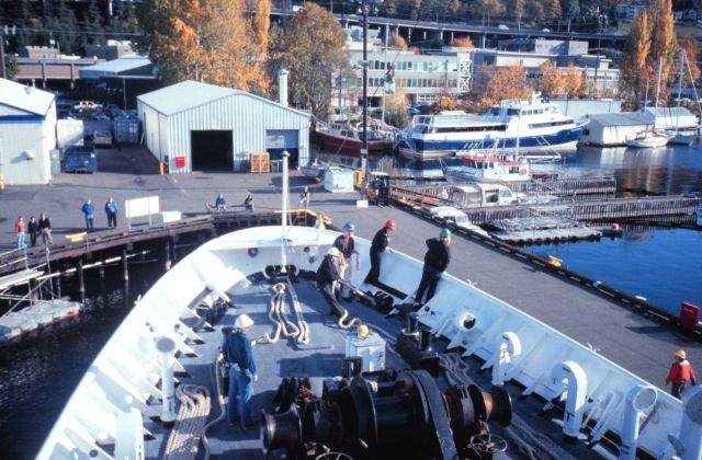 Securing the bow of the RAINIER as the ship ties up for the last time at the end of the 1999 field season Picture