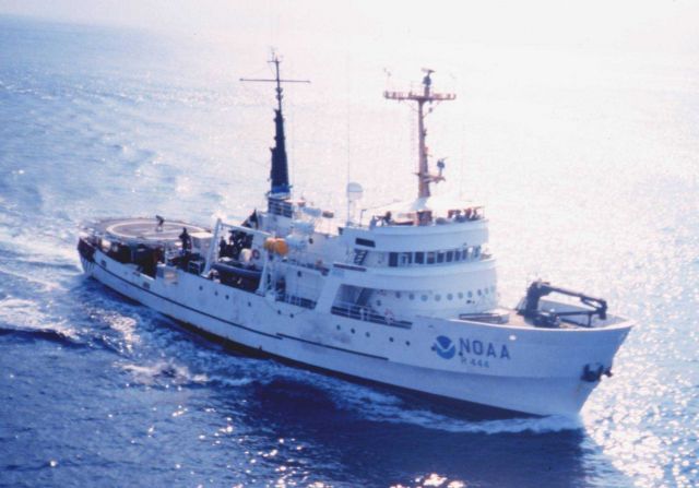 NOAA Ship DAVID STARR JORDAN as seen from MD500 helicopter during marine mammal studies in the tropical east Pacific Ocean. Picture