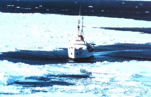 The SURVEYOR proceeding through a lead in the ice. Picture