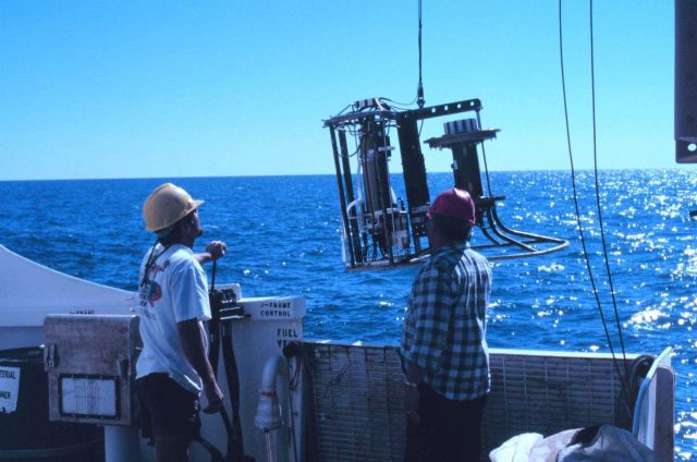 CTD - Conductivity, temperature, depth and water sampling instruments being deployed Picture