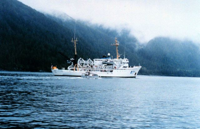 NOAA Ship RAINIER with hydrographic survey launch in Alaska. Picture