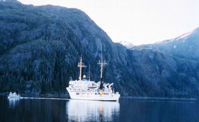 NOAA Ship RAINIER with hydrographic survey launch in Alaska. Picture