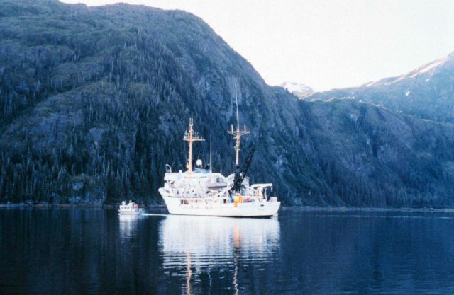 NOAA Ship RAINIER with hydrographic survey launch in Alaska. Picture