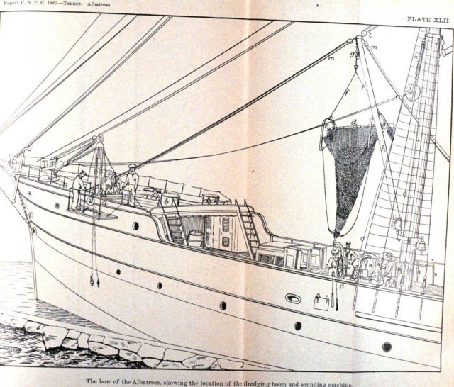 The bow of the ALBATROSS, showing the location of the dredging boom and sounding machine Picture