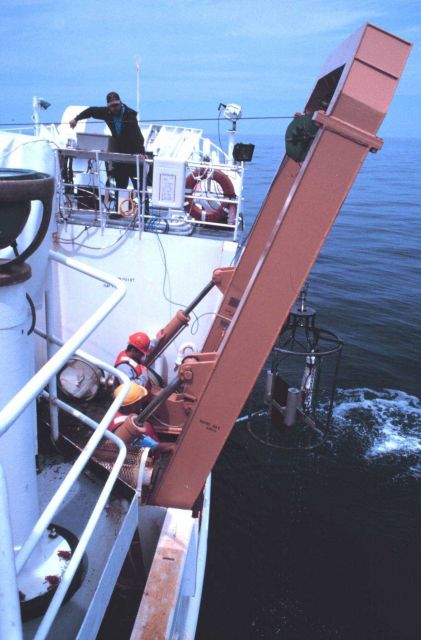 CTD rosette work on the starboard bow A-frame of the DELAWARE II. Picture