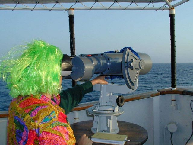 Laura Morse working on the Big Eyes searching for marine mammals on Halloween Picture