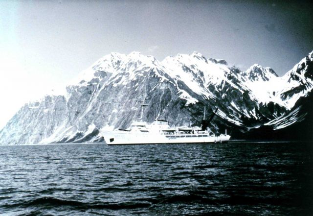 Coast and Geodetic Survey Ship FAIRWEATHER MSS220 at Glacier Bay, Alaska, with Fairweather Range in the background. Picture