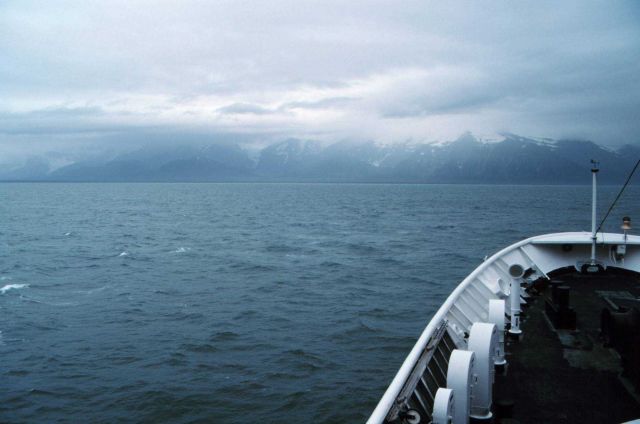 NOAA Ship RAINIER approaching the Alaskan coast. Picture