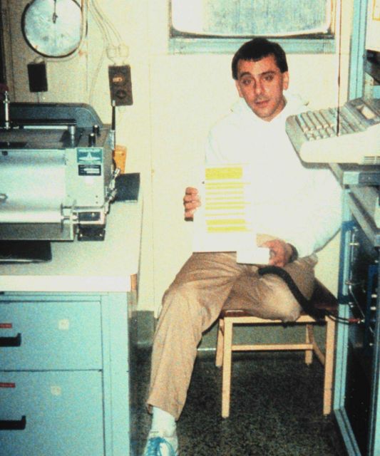 Lietuenant Rich Behn, Navigation Officer on the NOAA Ship SURVEYOR, during multi-beam sounding operations north of San Francisco, California. Picture
