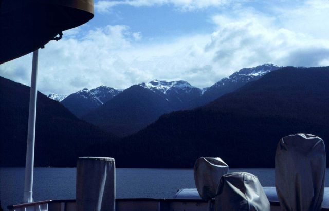 Looking off the bridge wing of the NOAA Ship FAIRWEATHER somewhere in Alaskan waters. Picture