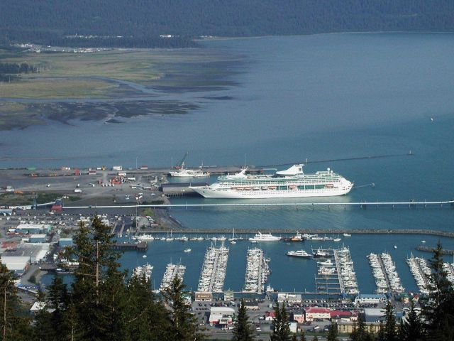 NOAA Ship Rainier dwarfed by cruise ship; from atop Mt Picture