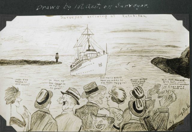 Cartoon of the SURVEYOR arriving at Ketchikan with old acquaintances waiting at the dock Picture