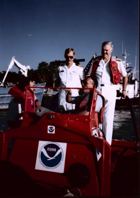 Rear Admiral Ray Moses and Captain Ted Wyzewski during test and acceptance of NOAA Rigid Hull Inflatable Boat (RHIB) Picture