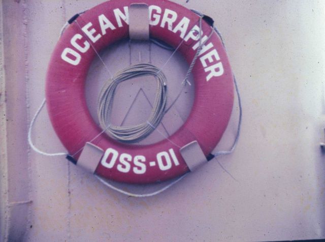 Life ring on ESSA Ship OCEANOGRAPHER at beginning of around the world cruise. Picture