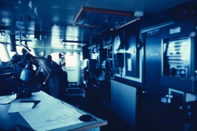 Bridge of ESSA Ship OCEANOGRAPHER at beginning of around the world cruise. Picture