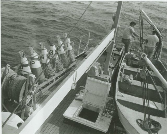 After deck of either HILGARD or WAINWRIGHT rigged for wiredrag operations. Picture