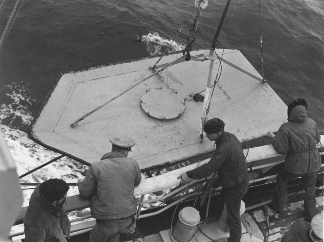 Deploying current meter buoy from Coast and Geodetic Survey ship Picture