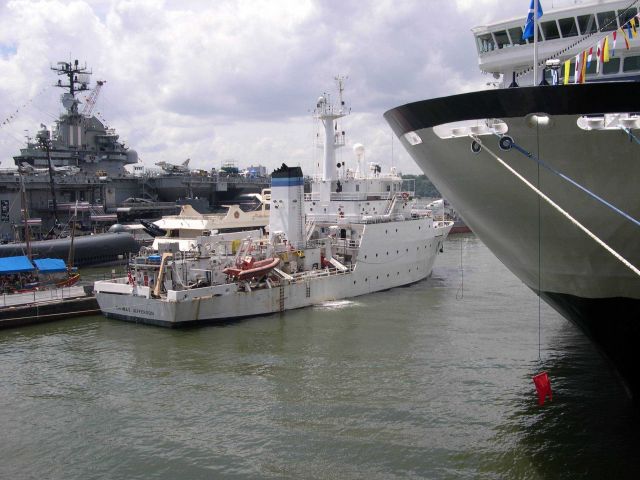 NOAA Ship THOMAS Jefferson tied up next to the USS INTREPID. Picture