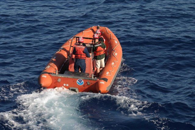 Departing ship on rigid-hulled-inflatable-boat (RHIB) off NOAA Ship THOMAS JEFFERSON. Picture