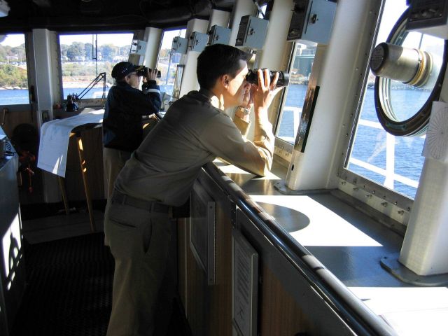 Captain Emily Christman and officer of the deck looking ahead to on-coming traffic. Picture
