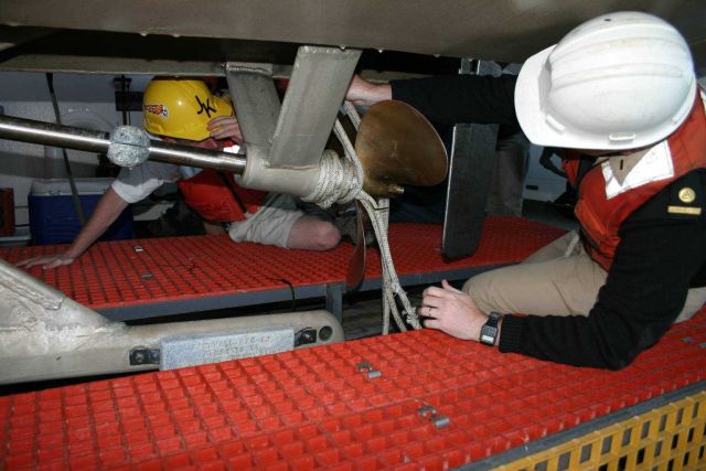 Wow! We wrapped that one up good! Line wrapped around propeller shaft of survey launch. Picture