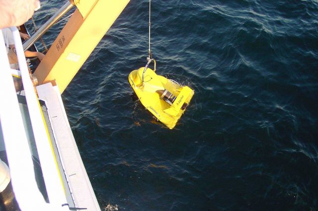 An EdgeTech SB 0512 combination sidescan sonar and bottom penetration sonar towfish being deployed from the DELAWARE II during habitat mapping operati Picture