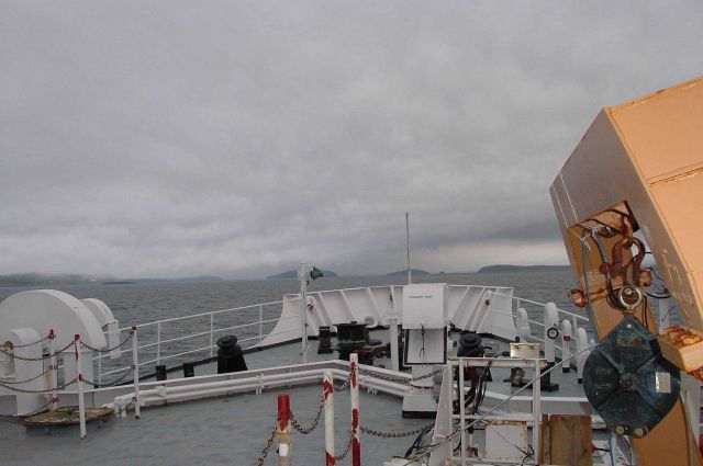 Looking over the bow of the NOAA Ship DELAWARE II approaching Bar Harbor, Maine. Picture