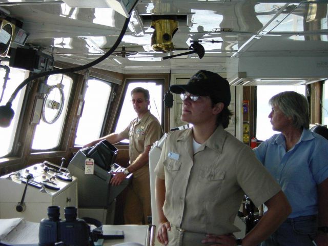 Lieutenant Jon Swallow on the bridge of the NOAA Ship RAINIER on a foggy day Picture