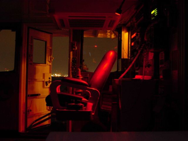 Captains chair and red light on the bridge of the WHITING. Picture