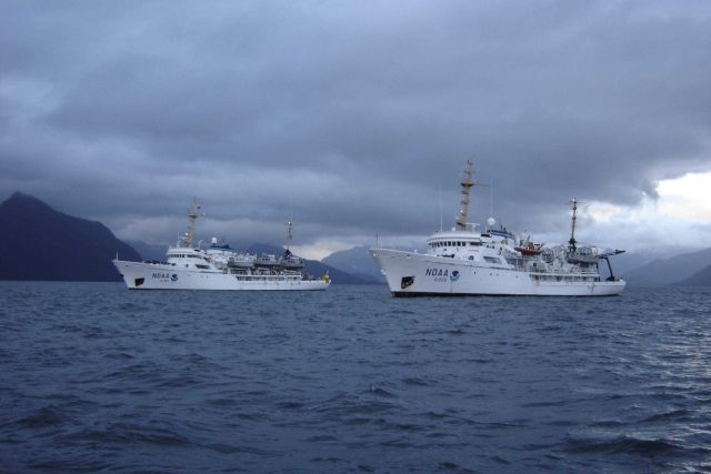 NOAA Ships RAINIER (left) and FAIRWEATHER in Alaskan waters. Picture