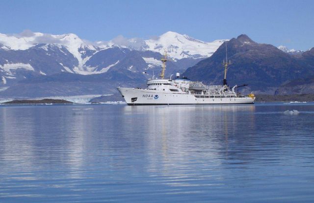 NOAA Ship RAINIER anchored in Columbia Bay at the terminus of the Columbia Glacier. Picture