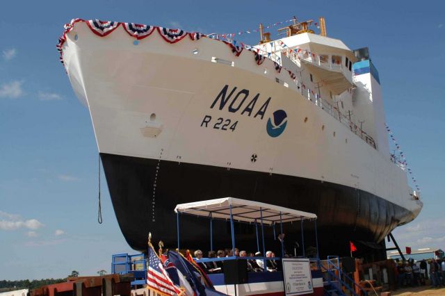 NOAA Ship OSCAR DYSON at launching ceremony at VT Halter Marine, Inc., shipyard. Picture