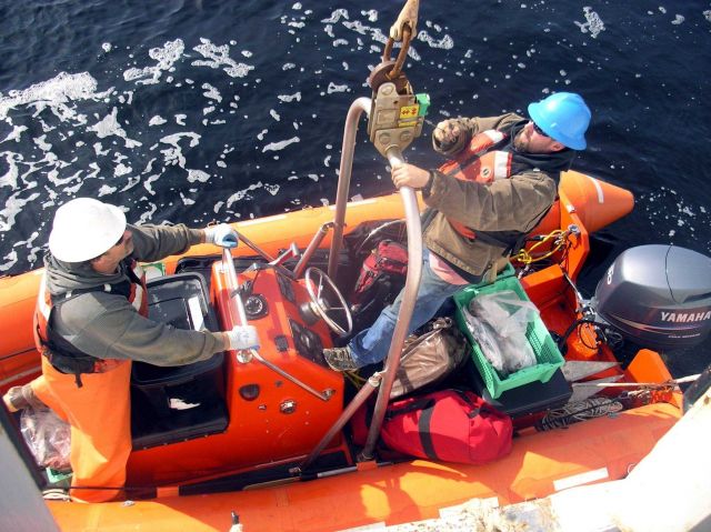Launching the rescue boat during the 2005 NWFSC Acoustic Hake Survey Picture