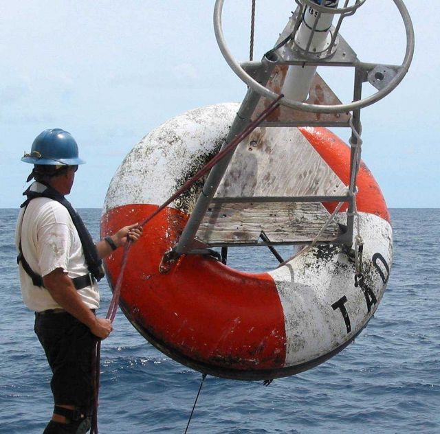 NOAA Ship KA'IMIMOANA Chief Bosun Roger Stone recovers a TAO mooring. Picture